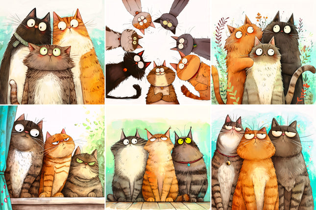 6 Piece 6"x6" Quirky Humor Cats 100% Cotton Fabric Panel Squares Quilting Blocks