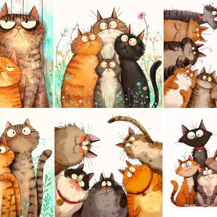 6 Piece 3"x3" Quirky Cats 100% Cotton Fabric Panel Squares Quilting Blocks