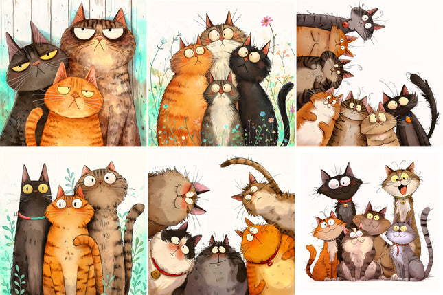 6 Piece 5"x5" Quirky Humor Cats 100% Cotton Fabric Panel Squares Quilting Blocks