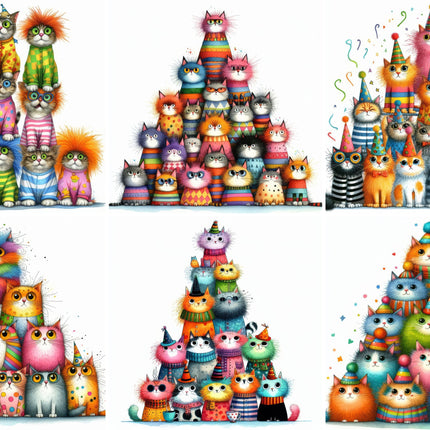 6 Piece 3"x3" Whimsical Cats 100% Cotton Fabric Panel Squares Quilting Blocks