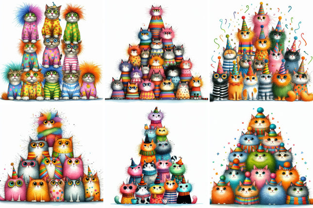 6 Piece 5"x5" Whimsical Cats 100% Cotton Fabric Panel Squares Quilting Blocks