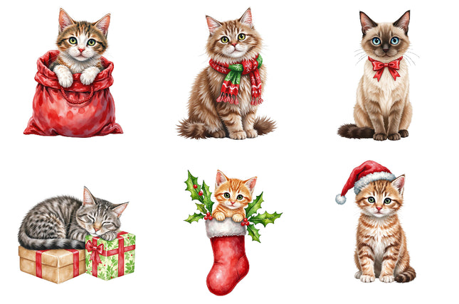 Set of six Christmas-themed cats quilt blocks