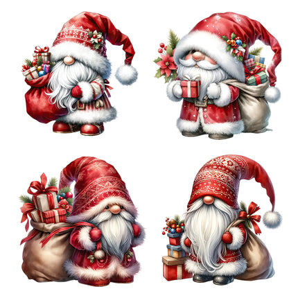 4 Piece 4"x4" Christmas Gnomes 100% Cotton Fabric Panel Squares Quilting Blocks