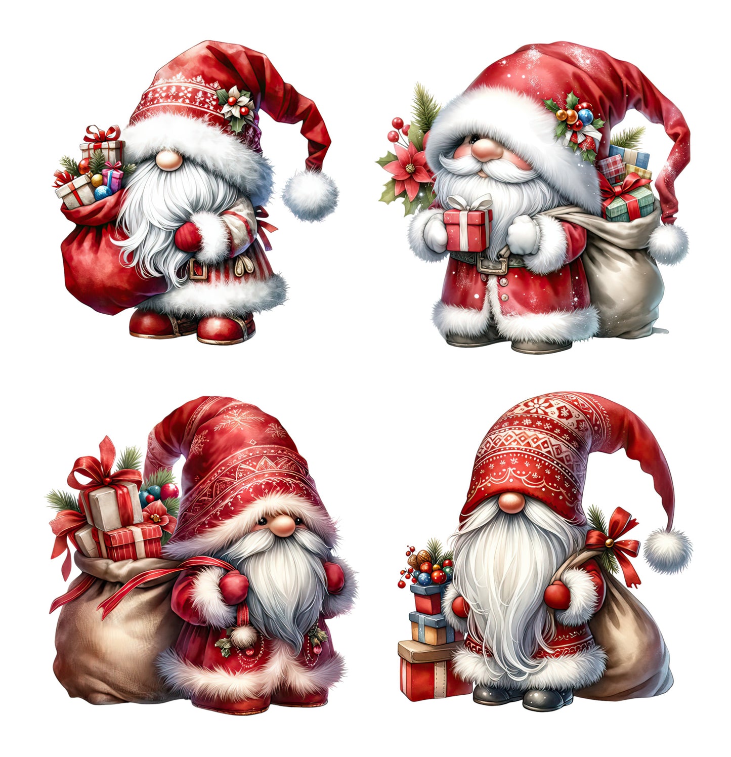 4 Piece 3"x3" Christmas Gnomes 100% Cotton Fabric Panel Squares | Quilting Sewing Blocks