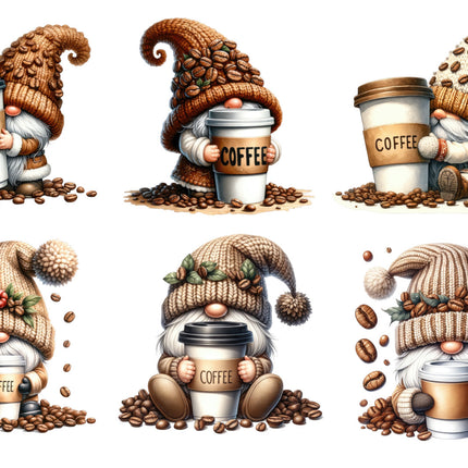 6 Piece 6"x6" Coffee Gnomes 100% Cotton Fabric Panel Squares Quilting Blocks MP150