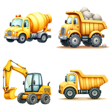 4 Piece 4"x4" Construction Vehicles 100% Cotton Fabric Panel Squares | Quilting Blocks