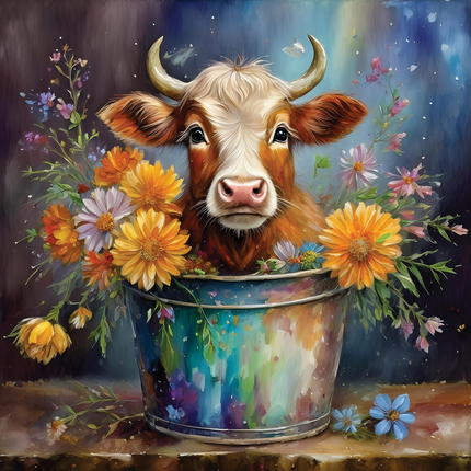 A fabric panel featuring a digitally printed image of a cow with flowers in a bucket.