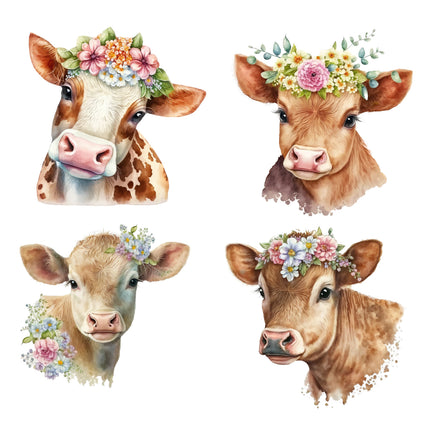 4 Piece 4"x4" Cows 100% Cotton Fabric Panel Squares Quilting Blocks