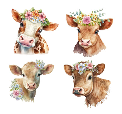 4 Piece 6"x6" Floral Cows 100% Cotton Fabric Panel Squares | Quilting Sewing Blocks