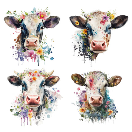 4 Piece 3"x3" Floral Cows 100% Cotton Fabric Panel Squares Quilting Blocks