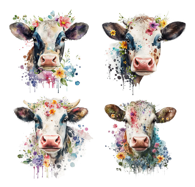 4 Piece 3"x3" Floral Cows 100% Cotton Fabric Panel Squares Quilting Blocks