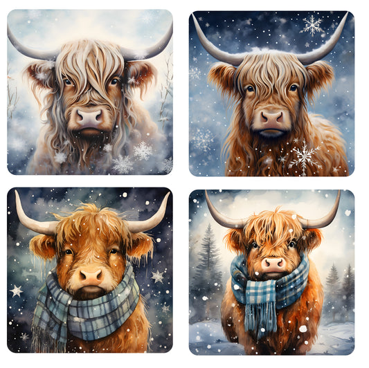 4 Piece 5"x5" Highland Cows 100% Cotton Fabric Panel Squares | Quilting Sewing Blocks