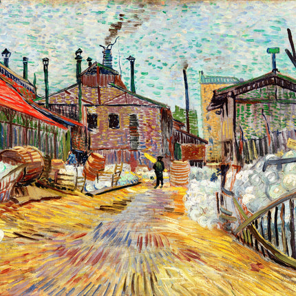 A digitally printed 100% cotton fabric panel featuring a reproduction of Vincent Van Gogh's painting 'The Factory'.