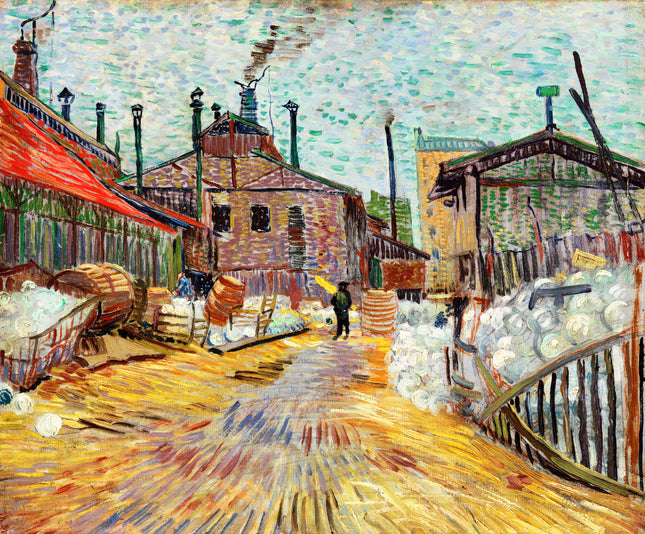 A digitally printed 100% cotton fabric panel featuring a reproduction of Vincent Van Gogh's painting 'The Factory'.