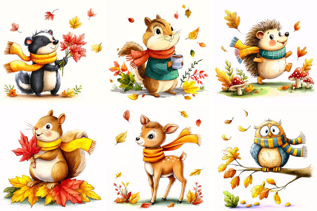 6 Piece 6"x6" Autumn Animals 100% Cotton Fabric Panel Squares Quilting Blocks