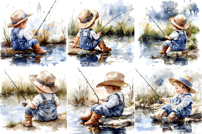 6 Piece 3"x3" Little Cowboy Fishing 100% Cotton Fabric Panel Squares Quilting Blocks