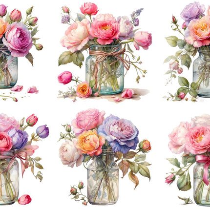 6 Piece 6"x6" Flowers in Jar 100% Cotton Fabric Panel Squares Quilting Blocks