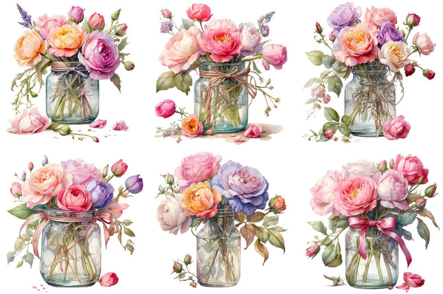 6 Piece 6"x6" Flowers in Jar 100% Cotton Fabric Panel Squares Quilting Blocks