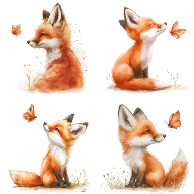 A set of four fabric panels featuring an illustration of a fox with butterfly accents.