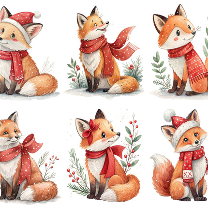 Set of six cartoon foxes wearing winter clothing quilt blocks
