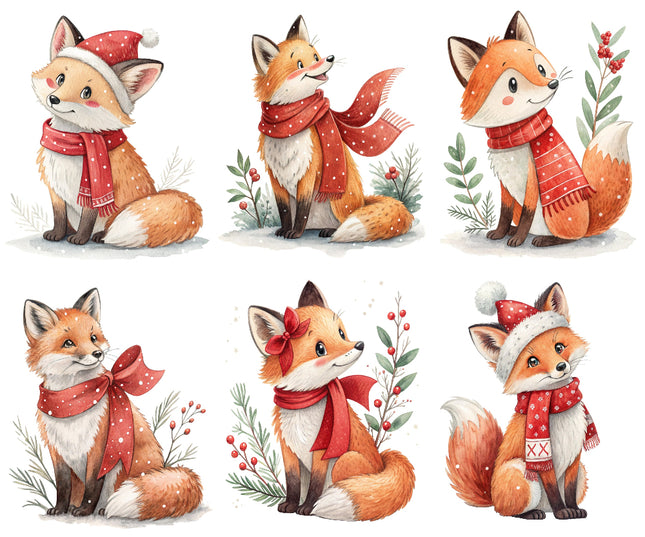 Set of six cartoon foxes wearing winter clothing quilt blocks