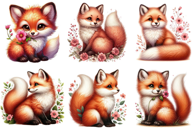 A collection of six fabric panels featuring a fox 