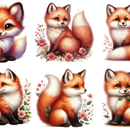 A collection of six different designs of fabric panels of foxes
