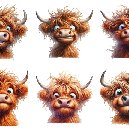 6 Piece 4"x4" Humor Highland Cows 100% Cotton Fabric Panel Squares Quilting Blocks