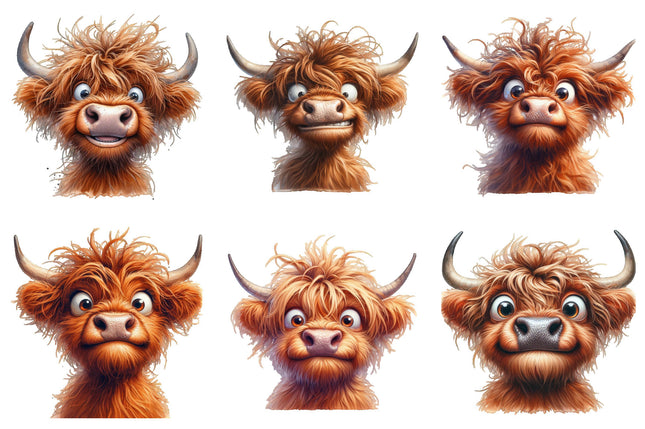 6 Piece 6"x6" Humor Highland Cow 100% Cotton Fabric Panel Squares Quilting Blocks