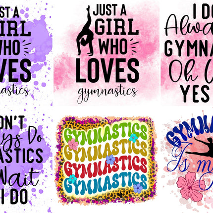 Set of six gymnastics-themed quotes with colorful backgrounds and silhouettes.