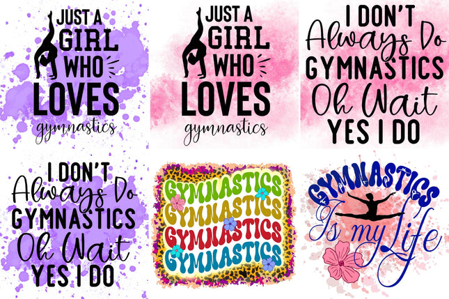 Set of six gymnastics-themed quotes with colorful backgrounds and silhouettes.