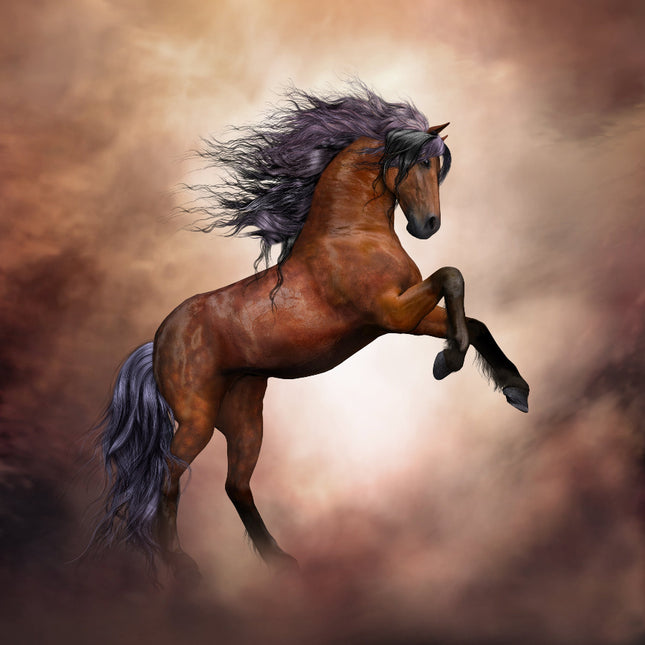 A digitally printed fabric panel featuring a brown stallion horse rearing up on its hind legs with a blurred background.