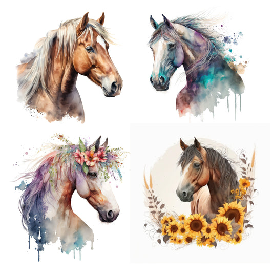 4 Piece 6"x6" Boho Floral Horses 100% Cotton Fabric Panel Squares | Quilting Sewing Blocks