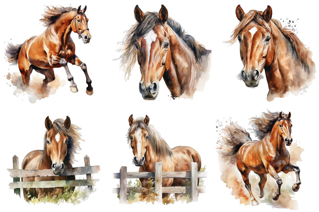 6 Piece 4"x4" Horses 100% Cotton Fabric Panel Squares Quilting Blocks