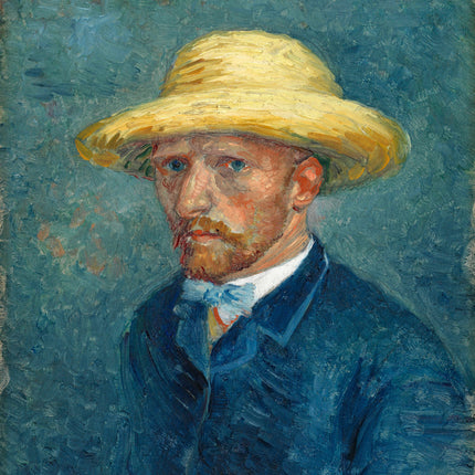 A fabric panel featuring a self-portrait of Vincent Van Gogh with a yellow hat and blue shirt on a blue background.
