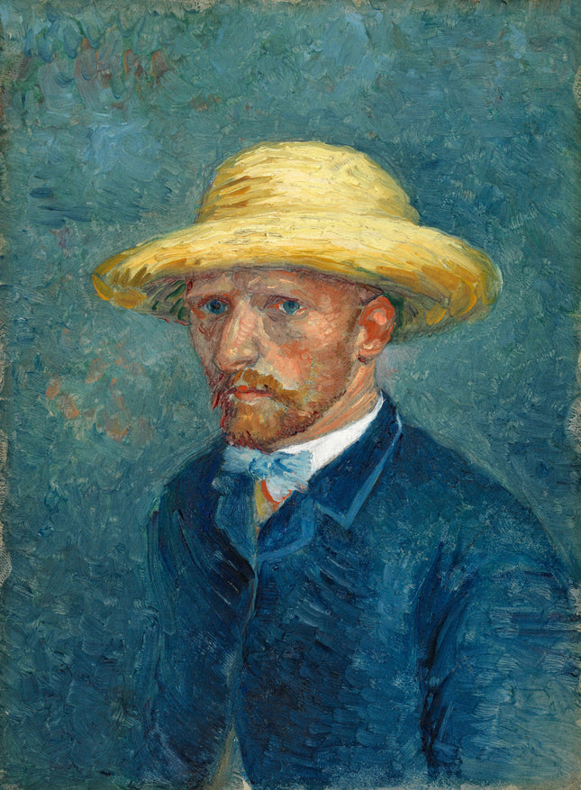 A fabric panel featuring a self-portrait of Vincent Van Gogh with a yellow hat and blue shirt on a blue background.
