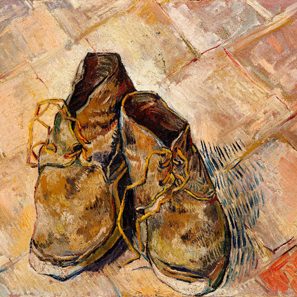 A digitally printed 100% cotton fabric panel featuring a painting of a pair of shoes on a textured background.