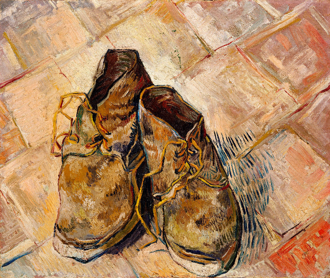 A digitally printed 100% cotton fabric panel featuring a painting of a pair of shoes on a textured background.