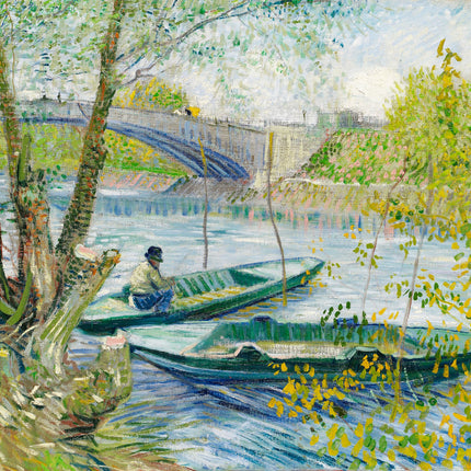 A fabric panel featuring a digital print of Vincent Van Gogh's artwork with a fisherman in a boat on a riverbank, surrounded by trees and a bridge in the background.