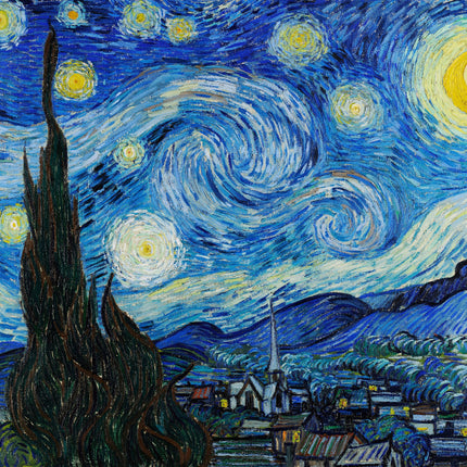 A fabric panel featuring a digitally printed reproduction of Vincent Van Gogh's painting 'Starry Night' with a vivid depiction of a night sky over a small town.
