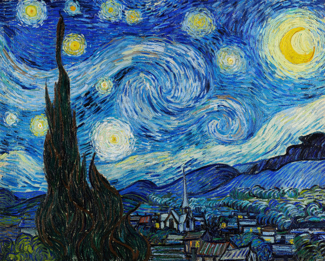 A fabric panel featuring a digitally printed reproduction of Vincent Van Gogh's painting 'Starry Night' with a vivid depiction of a night sky over a small town.