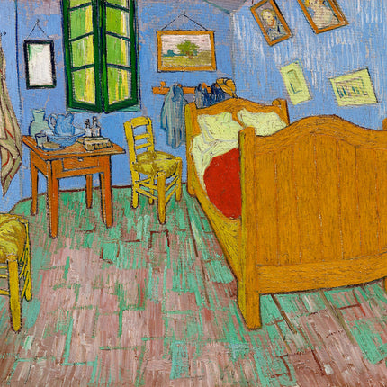 A digitally printed 100% cotton fabric panel featuring a reproduction of Vincent Van Gogh's painting 'The Bedroom' with a bed, chairs, and decorative items.