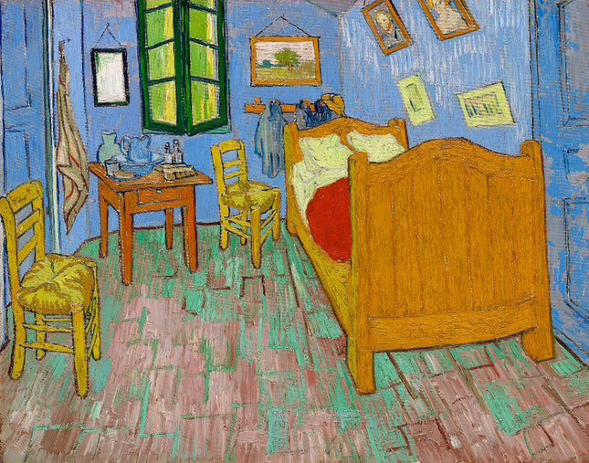 A digitally printed 100% cotton fabric panel featuring a reproduction of Vincent Van Gogh's painting 'The Bedroom' with a bed, chairs, and decorative items.