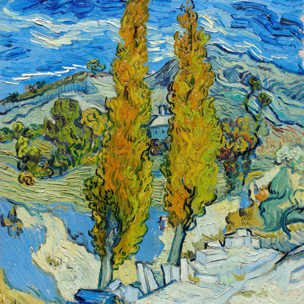 A fabric panel featuring a digitally printed reproduction of Vincent Van Gogh's painting 'Two Poplars', with a vivid blue sky and greenery in the background.