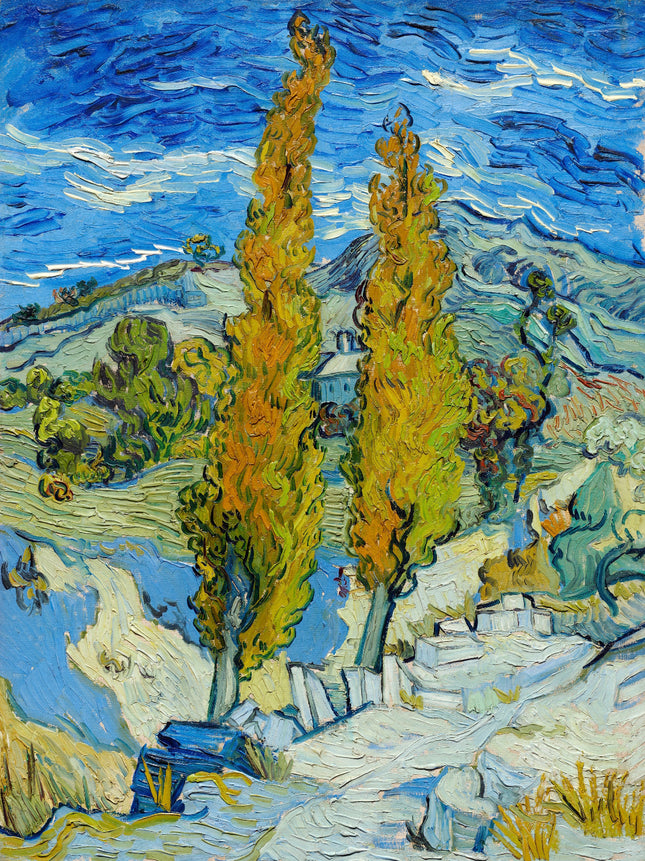 A fabric panel featuring a digitally printed reproduction of Vincent Van Gogh's painting 'Two Poplars', with a vivid blue sky and greenery in the background.
