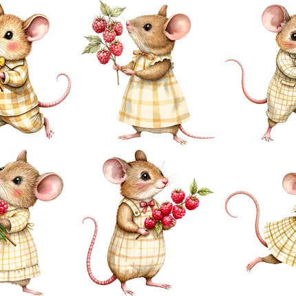 6 Piece 3"x3" Raspberry Mice 100% Cotton Fabric Panel Squares Quilting Blocks