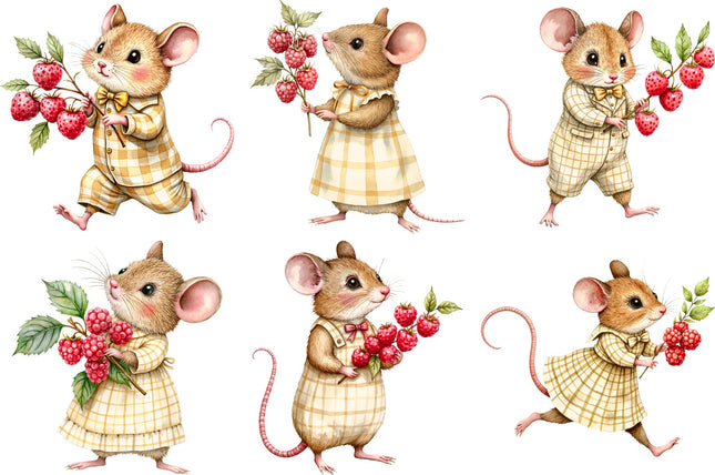 6 Piece 3"x3" Raspberry Mice 100% Cotton Fabric Panel Squares Quilting Blocks