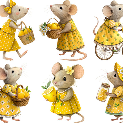 6 Piece 4"x4" Lemon Mice 100% Cotton Fabric Panel Squares Quilting Blocks