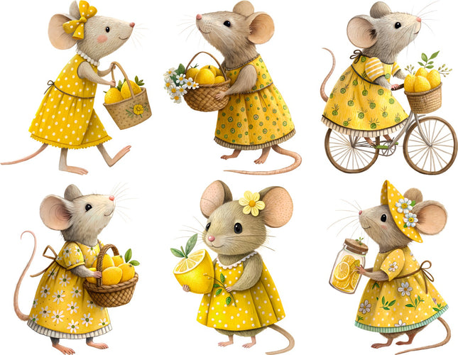 6 Piece 4"x4" Lemon Mice 100% Cotton Fabric Panel Squares Quilting Blocks