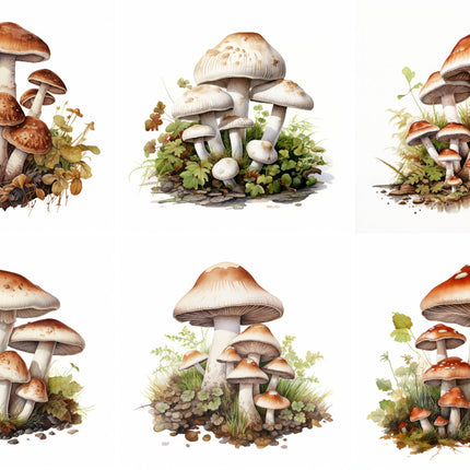 A set of six fabric panels featuring a mushroom design, arranged side by side.